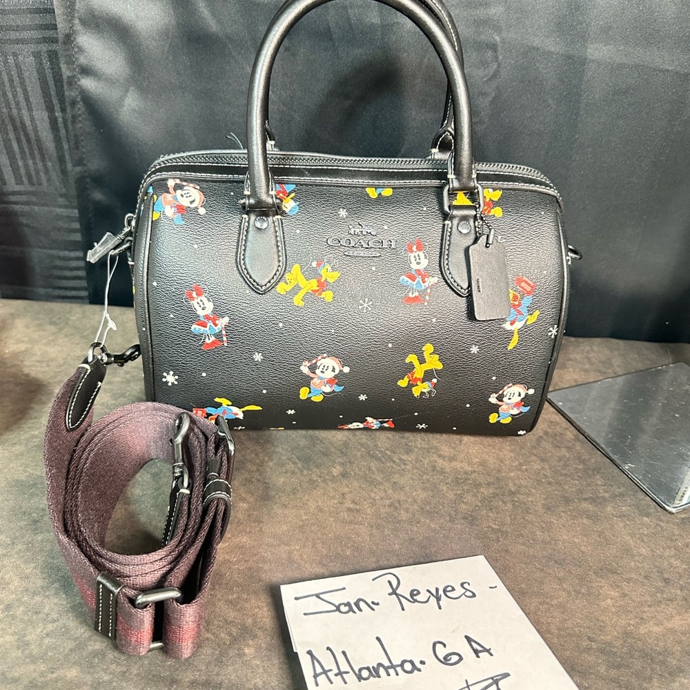 COACH Disney X Coach Rowan Satchel With Holiday Print Black and wallet 🥳 - Picture 11 of 15